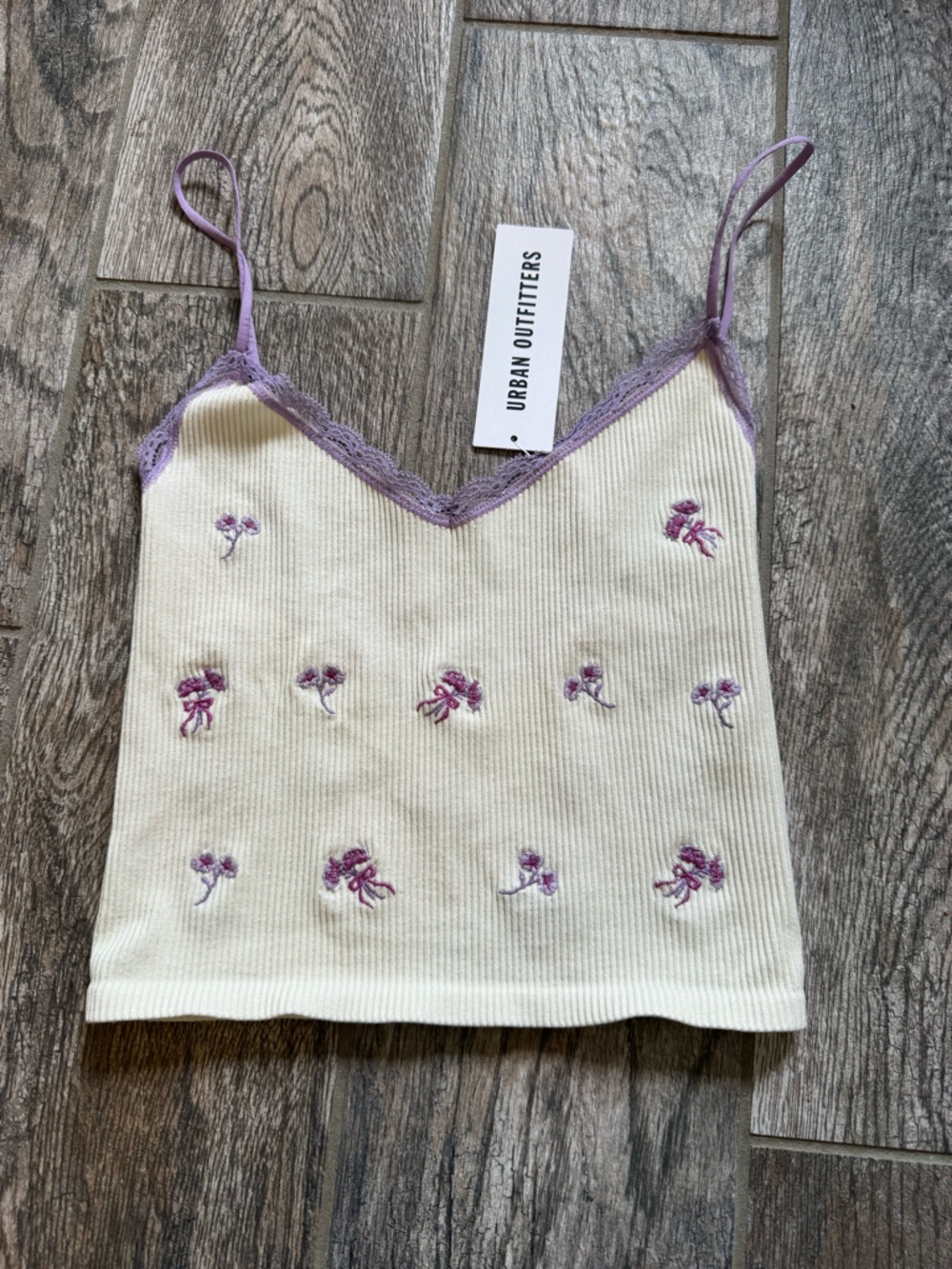 Urban Outfitters Cream Ribbed Cropped Tank with Lavender Floral Detail and lace